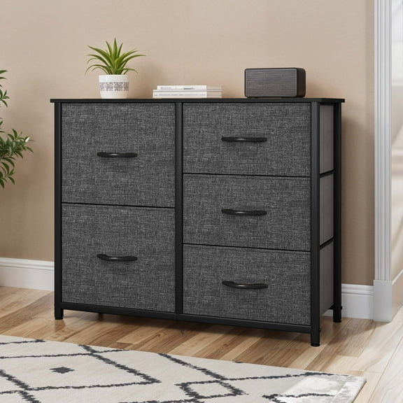Uforic Fabric Organizer with 5 Drawers,Storage Dresser with Steel Frame,Wooden Top & Easy-to-pull Handles for Bedroom,Living Room, Closet Black and Gray