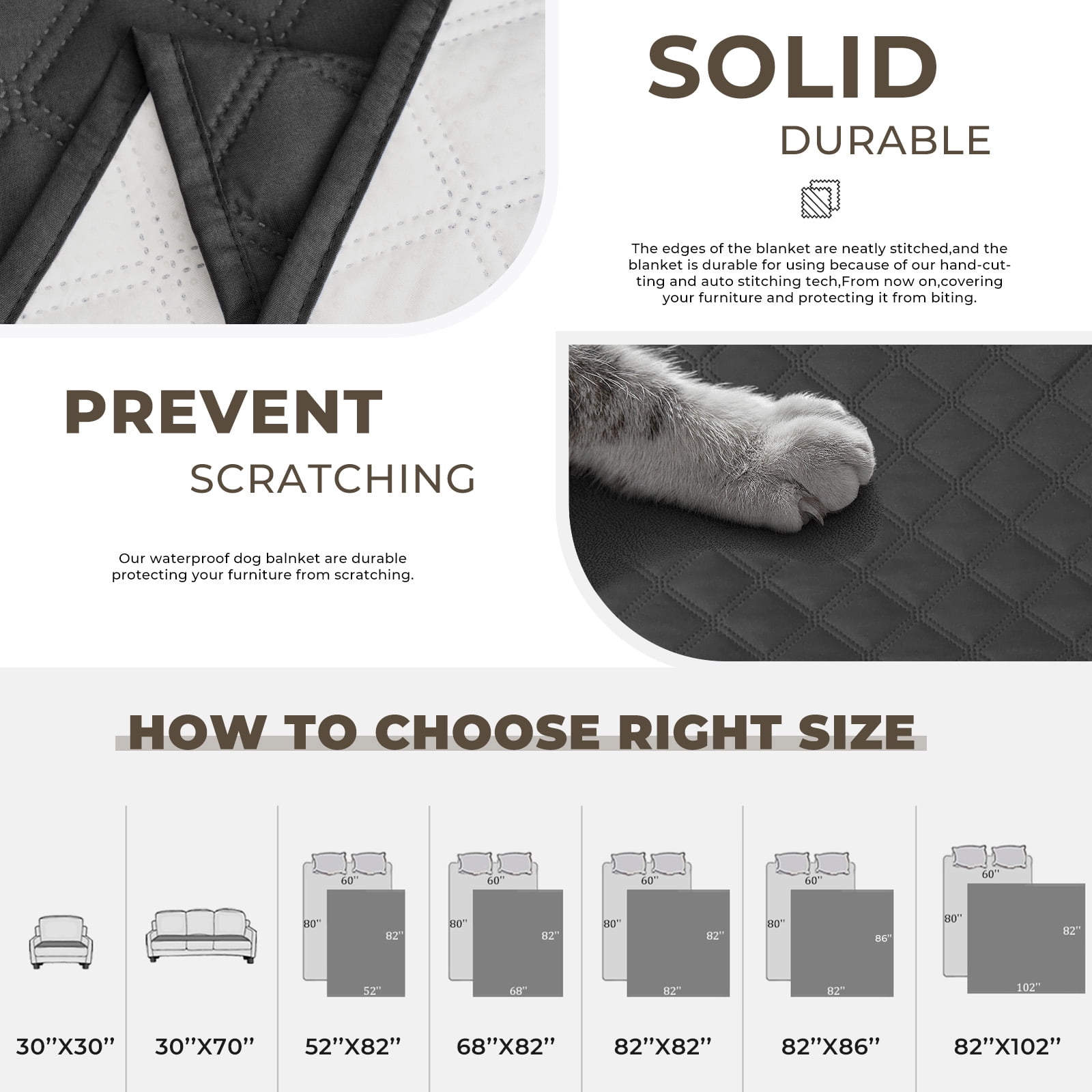 Sanmadrola Waterproof & Dog Bed Cover Pet Blanket Sofa, Couch Cover Mattress Protector Furniture Protector for Dog, Pet, Cat 68''x82'' Black Gray