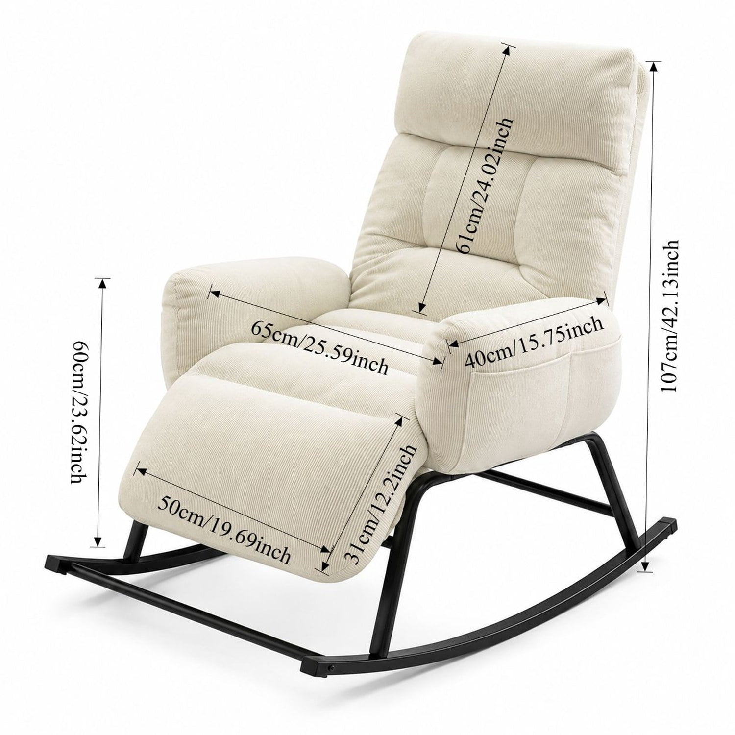 Upholstered Rocking Chair with Retractable Footrest, Plush Lounge Chair with Side Pocket, Tufted Cushion Seat for Living Room, Bedroom, Study and Patio