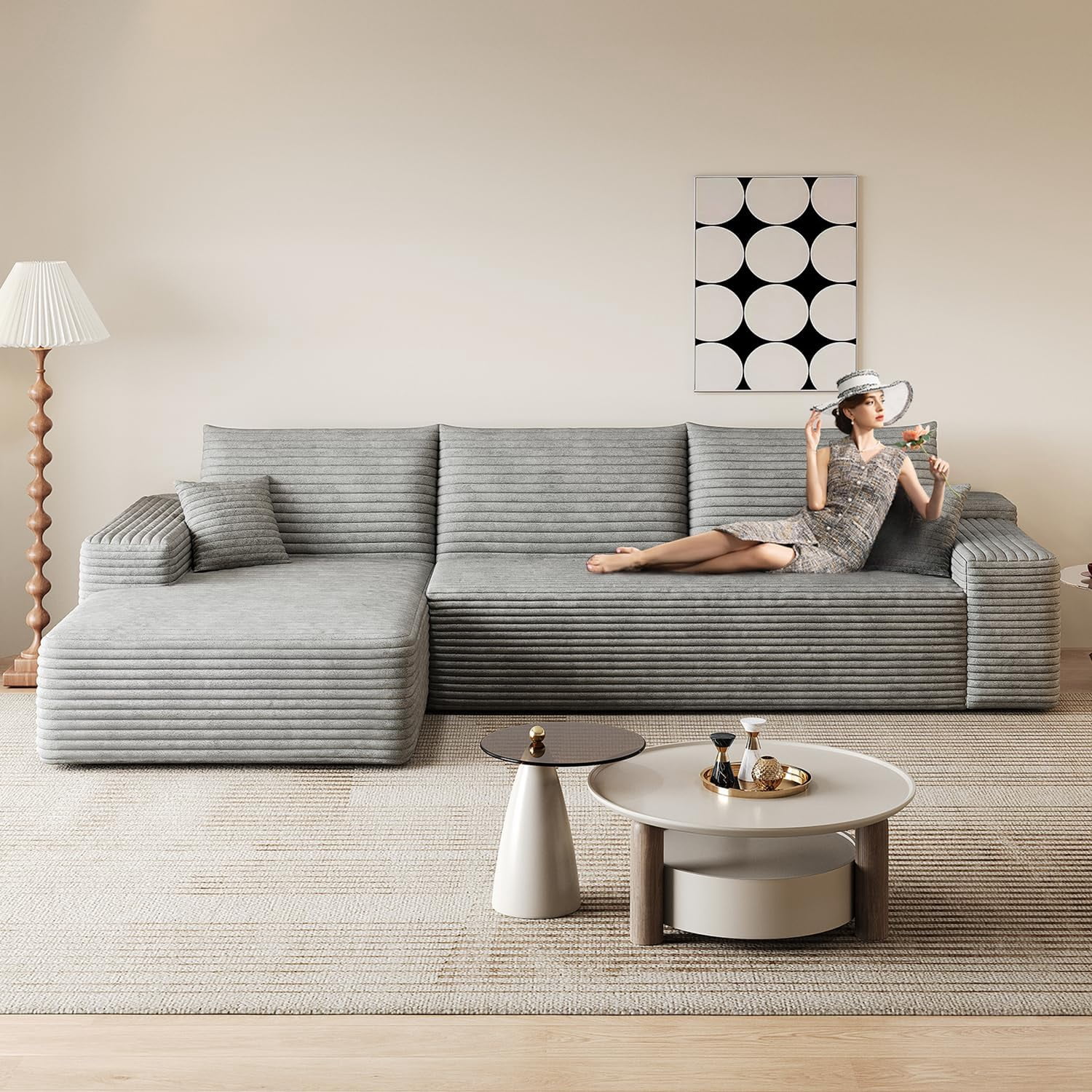 Sailvan 107" Cloud Sectional Couch, Cloudy Sofa with L-Shape Chaise, Upholstered Couches for Living Room & Bedroom, No Assembly Required, Plush Corduroy Fabric, Gray