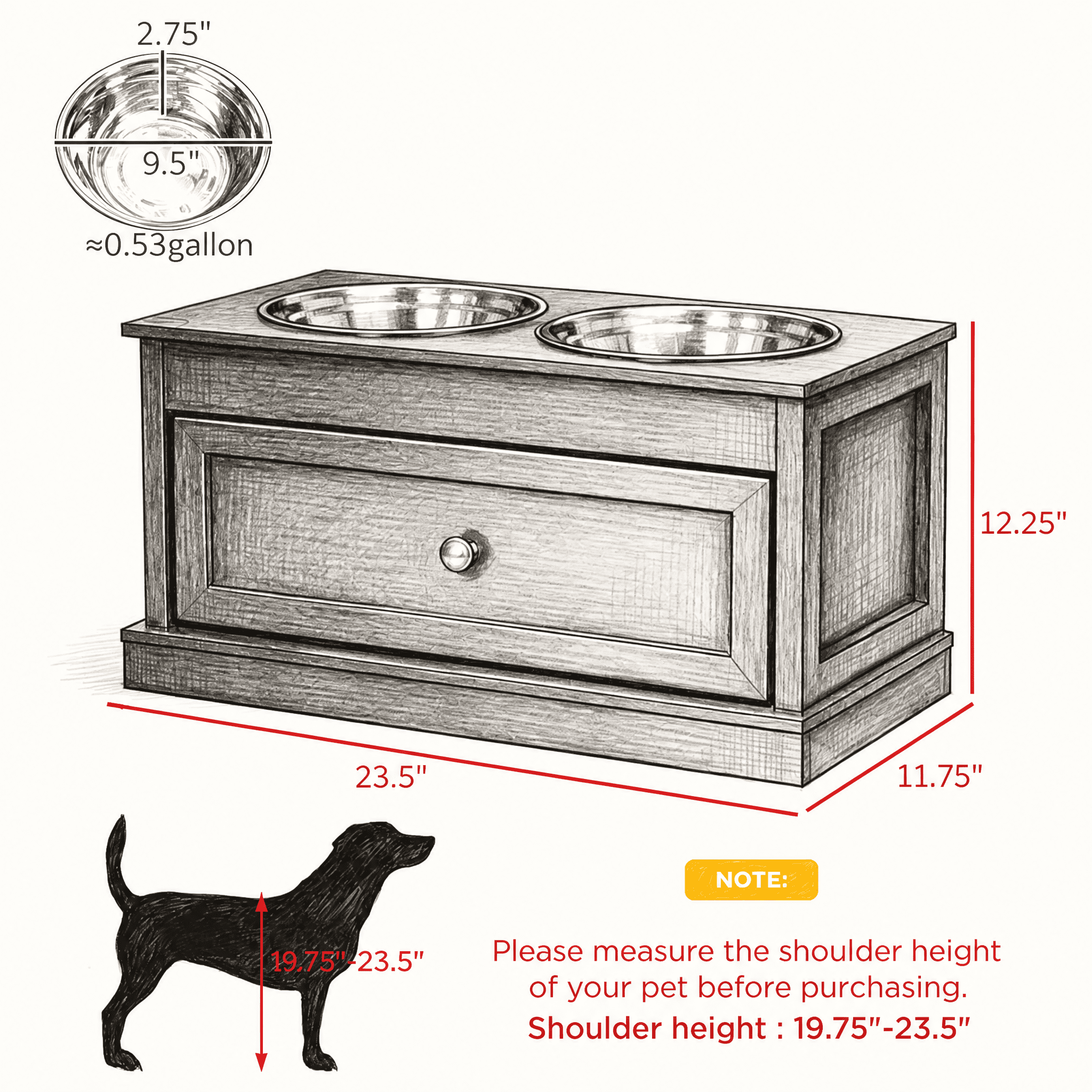 Elevated Dog Bowls with Storage Drawer, Raised Pet Feeder Station with Dishwasher Safe Stainless Steel Bowls, Modern MDF Feeding Stand in Espresso Brown for Large Dogs