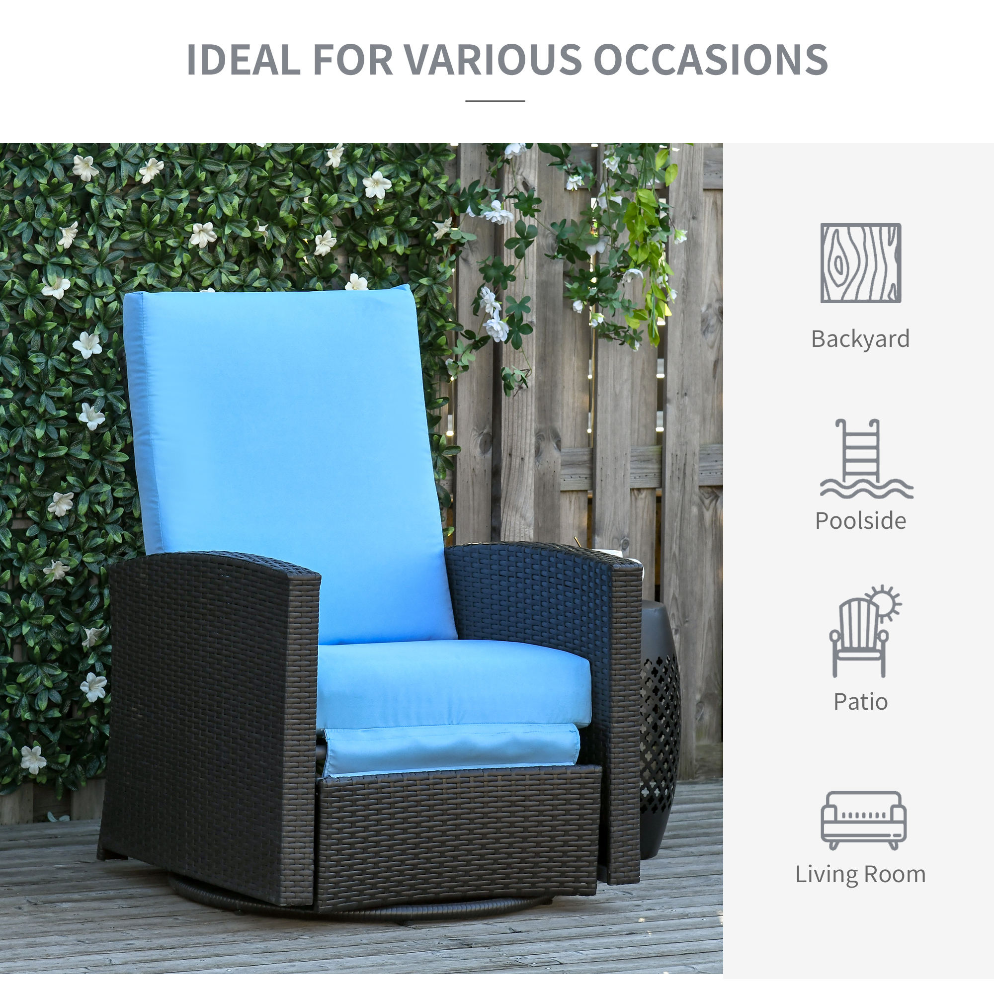Outsunny Outdoor Wicker Swivel Recliner Chair, Reclining Backrest, Lifting Footrest, 360Â° Rotating Basic, Water Resistant Cushions for Patio, Light Blue - image 5 of 9