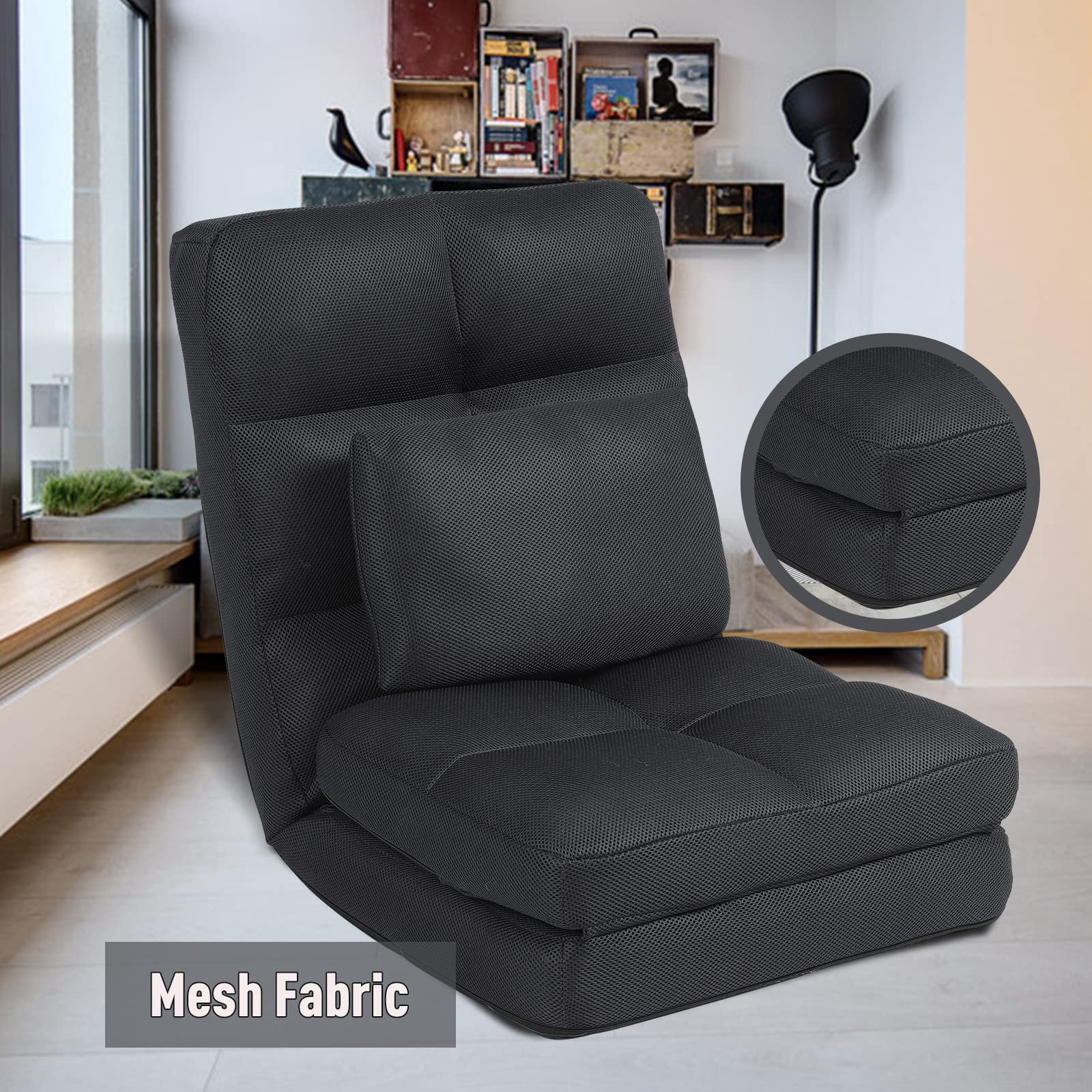 Floor Chair with Back Support for Adults Adjustable 14 Positions Video Game Chairs Foldable Floor Lounger with Pillow