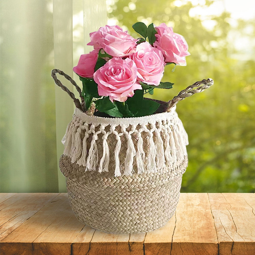 Foldable Hanging Basket with Tassels Handmade Laundry Container Flowers Pot 