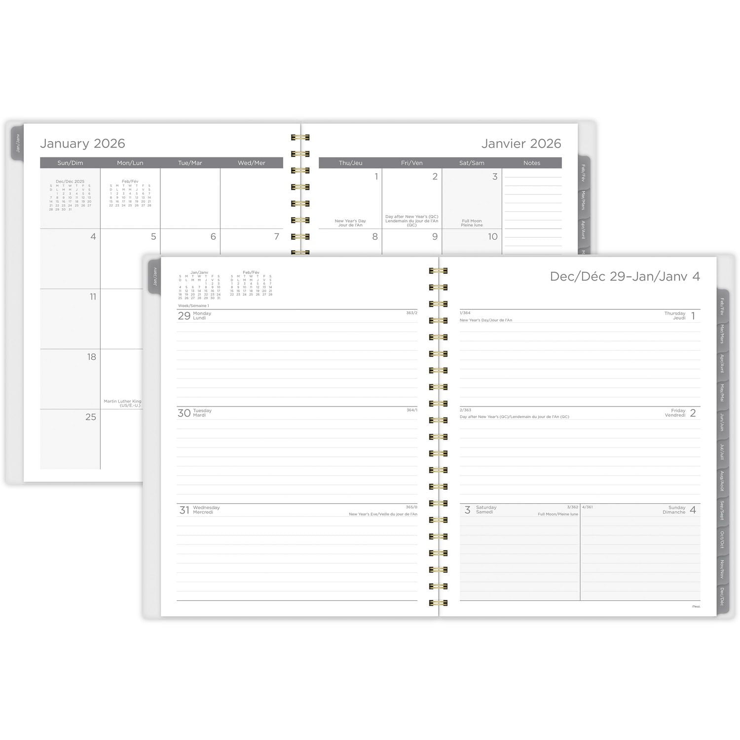 Agenda hebdomadaire Mead® 2026 à motif floral noir et blanc, grand format, couverture transparente en polyéthylène Agenda