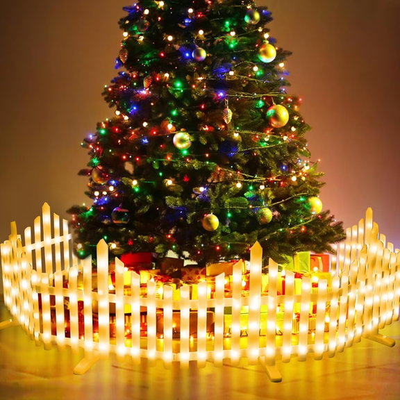 8 Pack 36LED Christmas Tree Fence Lights, 13.7x11.8inch Plug in Decorative Garden Fence, 8 Modes White Plastic Picket Edging Lights for Patio Yard Path Landscape Home Xmas Decor, Warm White