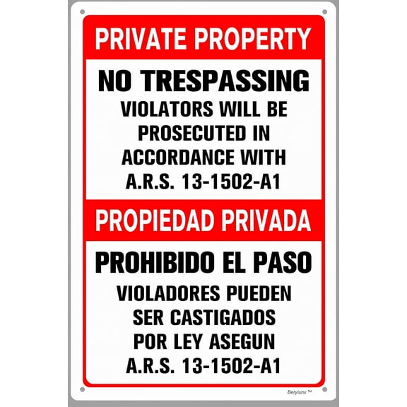 Private Property No Trespassing Violators Will Be Prosecuted in Accordance with ARS - 8"x12" Warning Sign, Legal Security Decor for Home Business