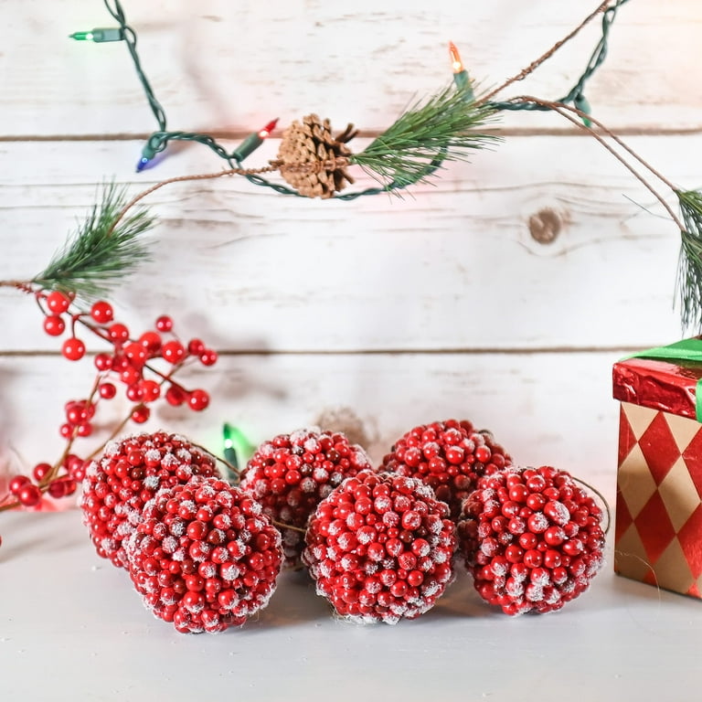 Ornativity Frosted Red Berries Ornaments - Glittered White Snowflakes on Realistic Red Cranberry Berries Ball Ornament with Rustic Twine String