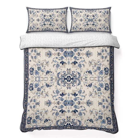 King Quilt Bedding Set Bohemia Blue Flower Pattern on Beige Summer Quilt Lightweight Quilted Coverlet with 2 Pillow Shams, Retro Abstract Art 3-Piece Bedspread Quilt Set for All Season