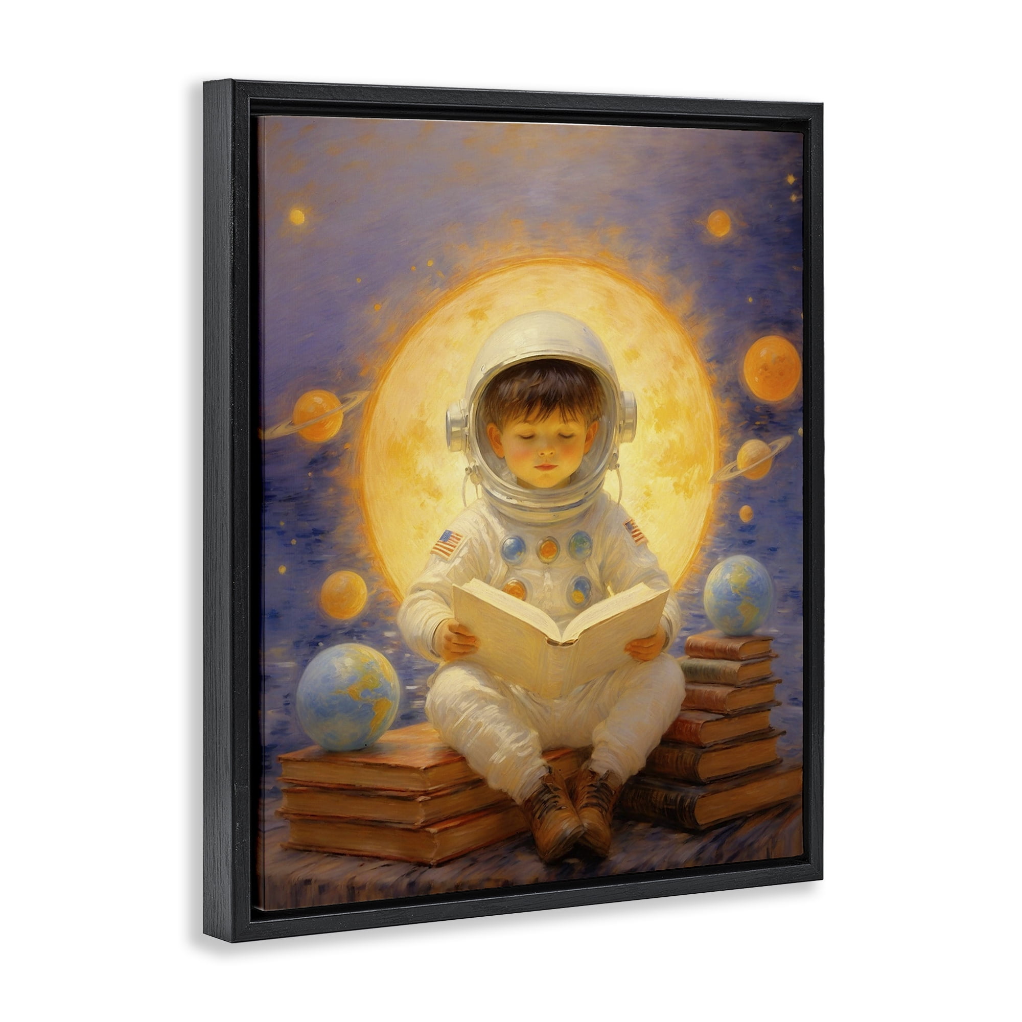 Astronaut Child Learning Black Framed Floater Canvas Wall Art, design by Angie Hawke