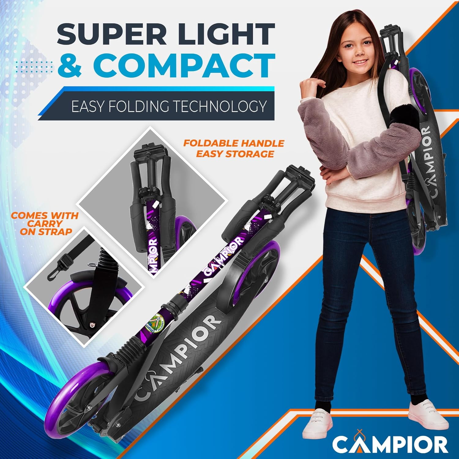 Campior Kick Scooter for Ages 6+, For Kids, Teens, and Adults, Max Load 240 LBS, Foldable, 8-inch Big Wheels for Kids and Adults, With Kickstand, 3 Adjustable Levels, Child Safety Approved, Purple