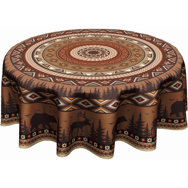 Rustic Bear Deer Tablecloth Round 60 Inch Ethnic Geometric Circular Waterproof Table Cover for Party Picnic Kitchen Indoor Outdoor Decor