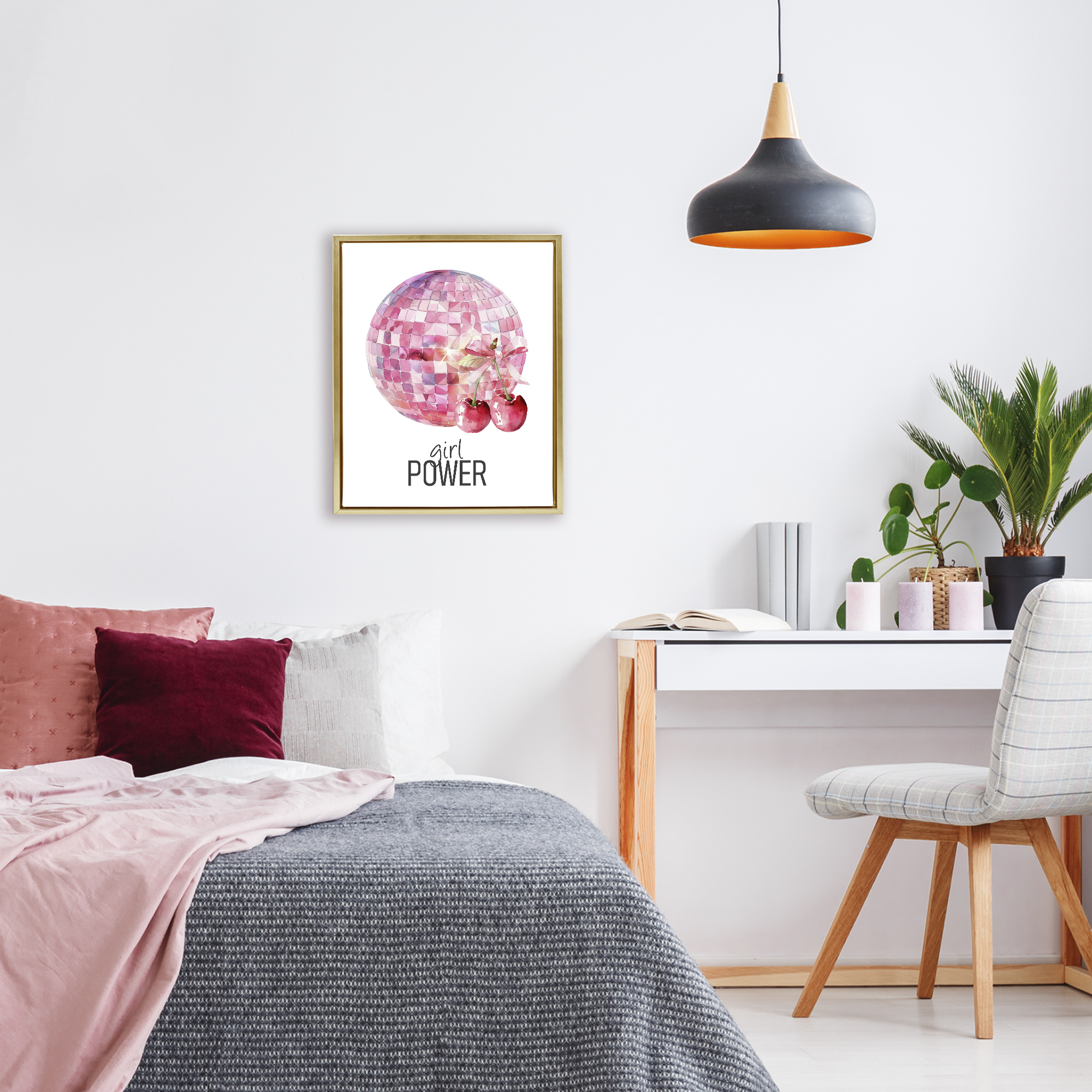Girl Power Disco Cherries Gold Framed Floater Canvas Wall Art, design by Kim Allen