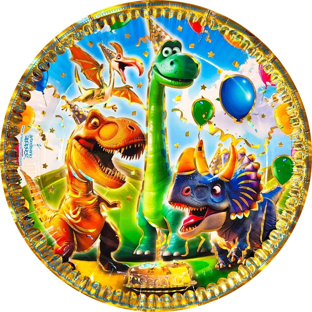 24 pz plato pastelero de cartón premium fiesta de cumpleaños dinosaurios Paquete de 24 platos desechables redondos, vista frontal con impresión vibrante de tres dinosaurios (Tyrannosaurus, braquiosaurio y triceratops), globos, confeti y borde dorado; diámetro 19.2 cm (7") y cartón grueso 300 g/m², ideal para servir pasteles, postres y galletas en celebraciones infantiles; también suele usarse para presentar bocadillos en mesas temáticas.