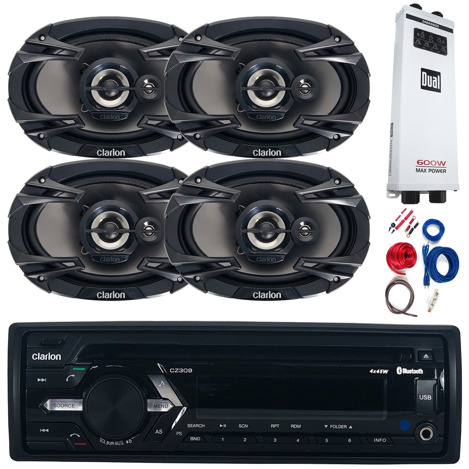 Clarion CZ309 Single DIN AM/FM Radio USB AUX CD Player Receiver Bundle