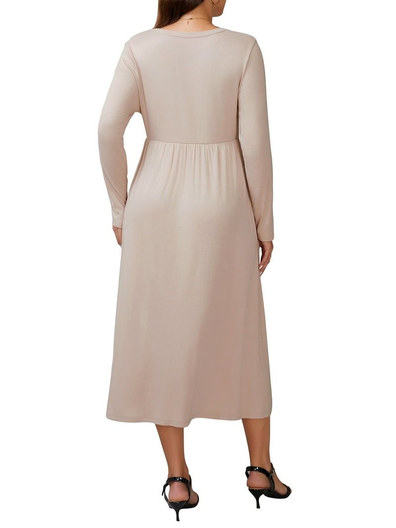 Inspire Chic Women's Maternity Dresses Button Pleated Knit Long Sleeve Photoshoot Pregnancy Maxi Dress M Khaki, Size: Medium, Black