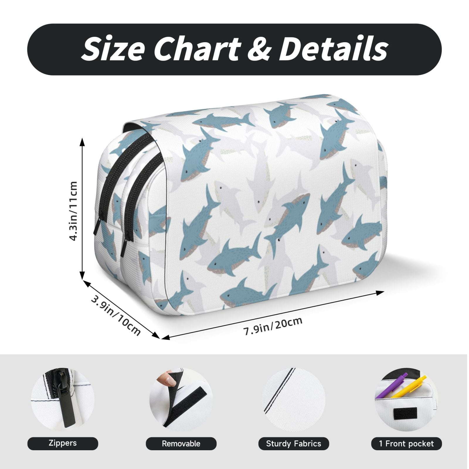 Rateoe Cute Shark Pattern Double Clamshell Pen Case, Storage Organizer with Two Zipper Compartments– Holds Up to 50 Pencils & Pens