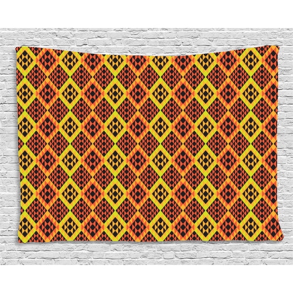 Ethnic Tapestry, Warm Colored Rhombus Pattern Design from Mexican Peruvian Cultures, Wall Hanging for Bedroom Living Room Dorm Decor, 60W X 40L Inches, Vermilion Yellow and Black, by Ambesonne