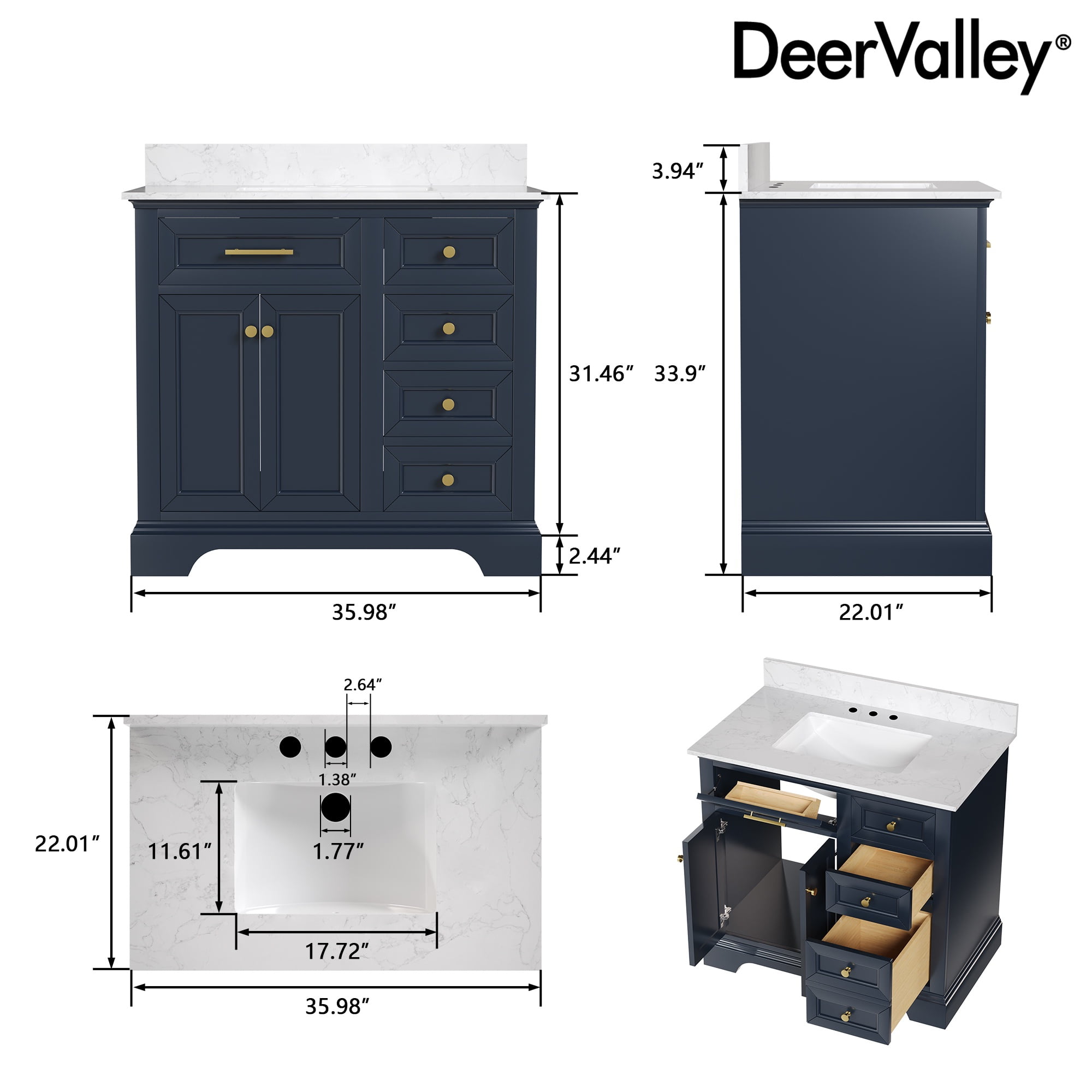 36" Bathroom Vanity Ceramic Sink Top with Backsplash, Pre-assembled Bathroom Cabinet Navy Blue
