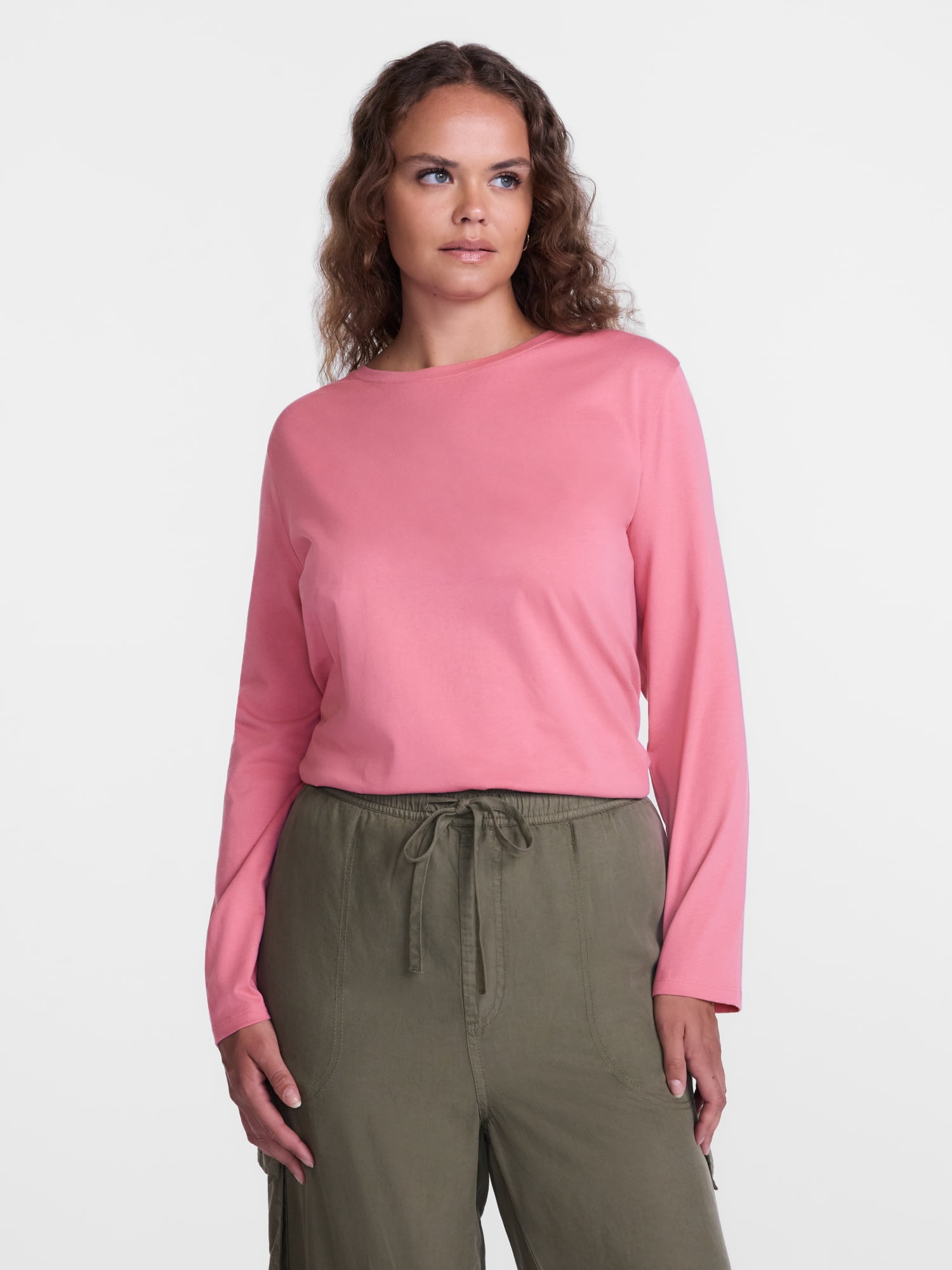 Scenario Women's Cotton Crewneck Tee with Long Sleeves, Sizes XS-XXXL
