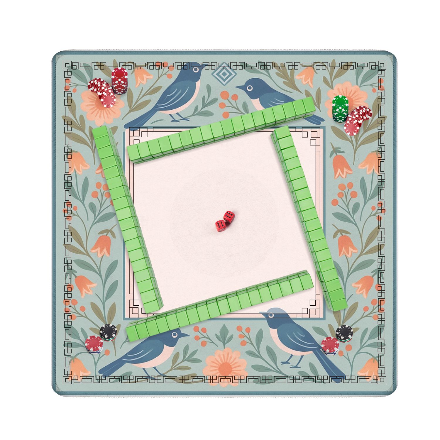 Mahjong Mat 31.5" x 31.5" Vintage Floral Border Birds Soft Pastel Colors Anti-Slip and Noise Reduction Symmetry Design Mahjong Tiles Table Cover for Dominoes Poker Card Board and Tile Games