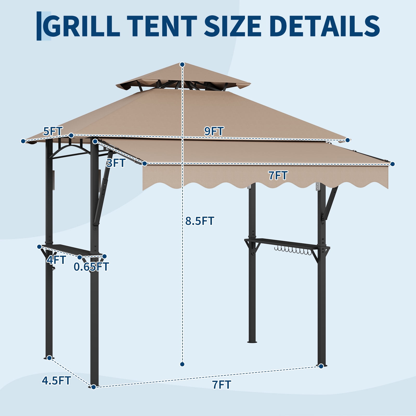 Heavy Duty Steel Grill Gazebo 8' x 5' – Double-Tier Roof, 7' x 3' Side Awning, LED Lights, Storage Shelves, Hooks – Outdoor BBQ Canopy Shelter for Patio