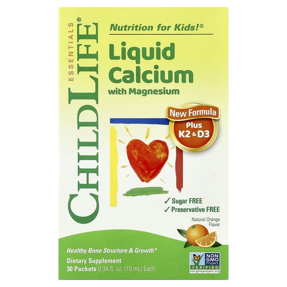 ChildLife Essentials Liquid Calcium with Magnesium Plus K2 & D3, Natural Orange, 30 Packet, 0.34 fl oz (10 ml)