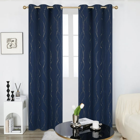 Deconovo Blackout Curtains Grommet Room Darkening Curtains with Gold Lines 42 x 84 inch, Navy Blue, 2 Panels