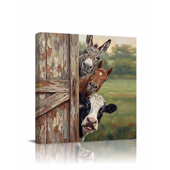 Farmhouse Canvas Wall Art, Cow Horse Donkey Countryside Vintage Framed Wall Decor Modern Artwork Prints Painting for Living Room, Bedroom, Kitchen & Cafe Decor 12x12 Inch