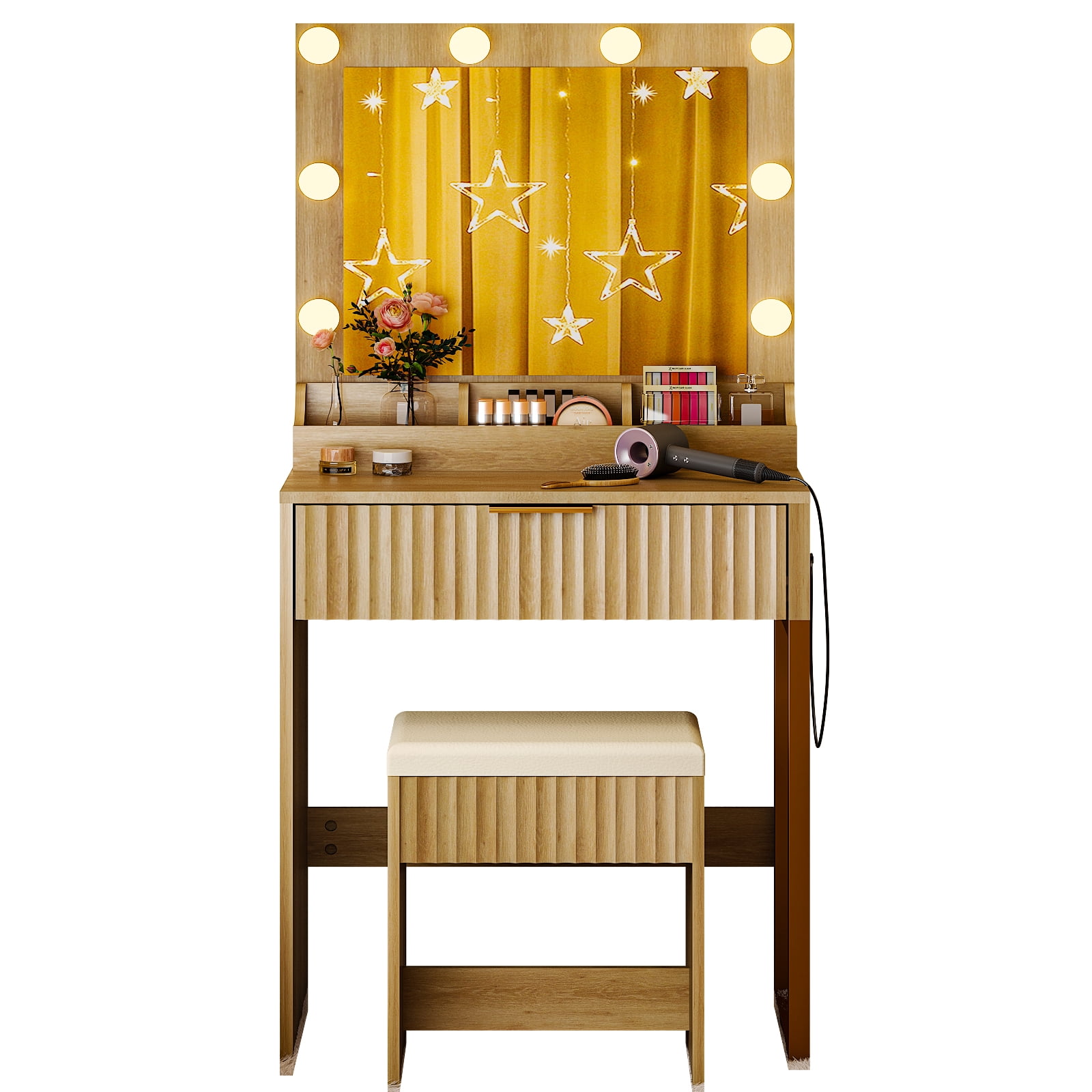 Zimtown Vanity Desk Set with Mirror, Makeup Vanity Table with 8 LED Lights and Charging Station, Dressing Desk for Bedroom, Wood Color