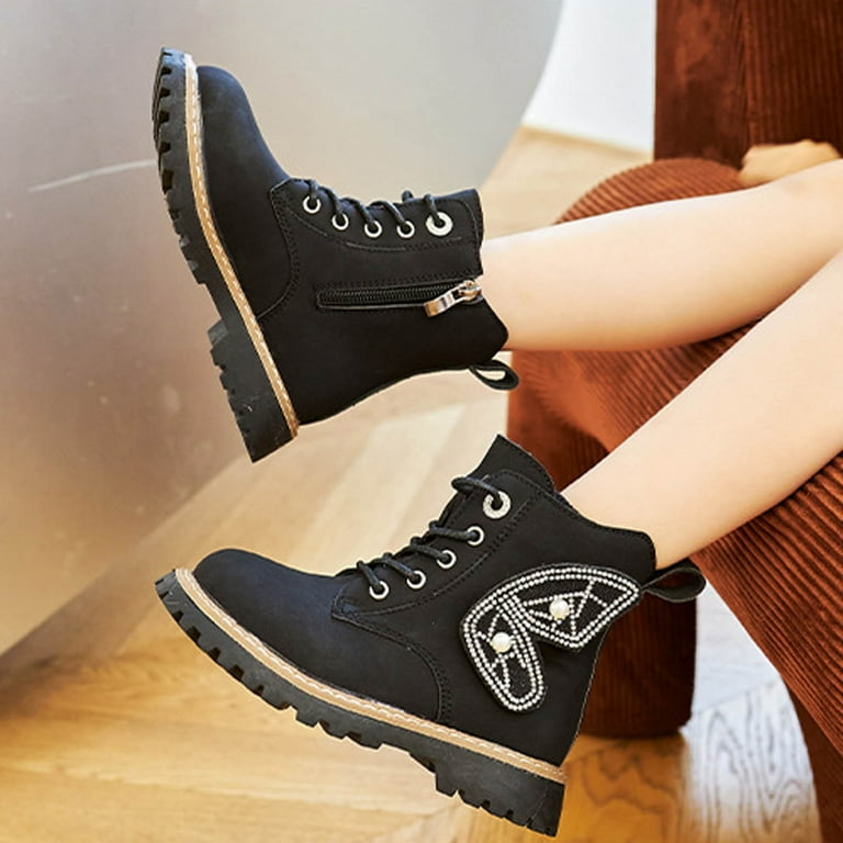 CQONEPT Girls Dress Boots Children's Winter Solid-color Fleece-lined And  Thickened Short Leather Boots British-style Boots - Walmart.com