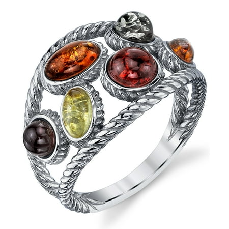 Baltic Honey Amber Ring - Braided Sterling Silver Baltic Amber Ring band with Multi Color Cabochon, Cherry Honey Olive and Cognac