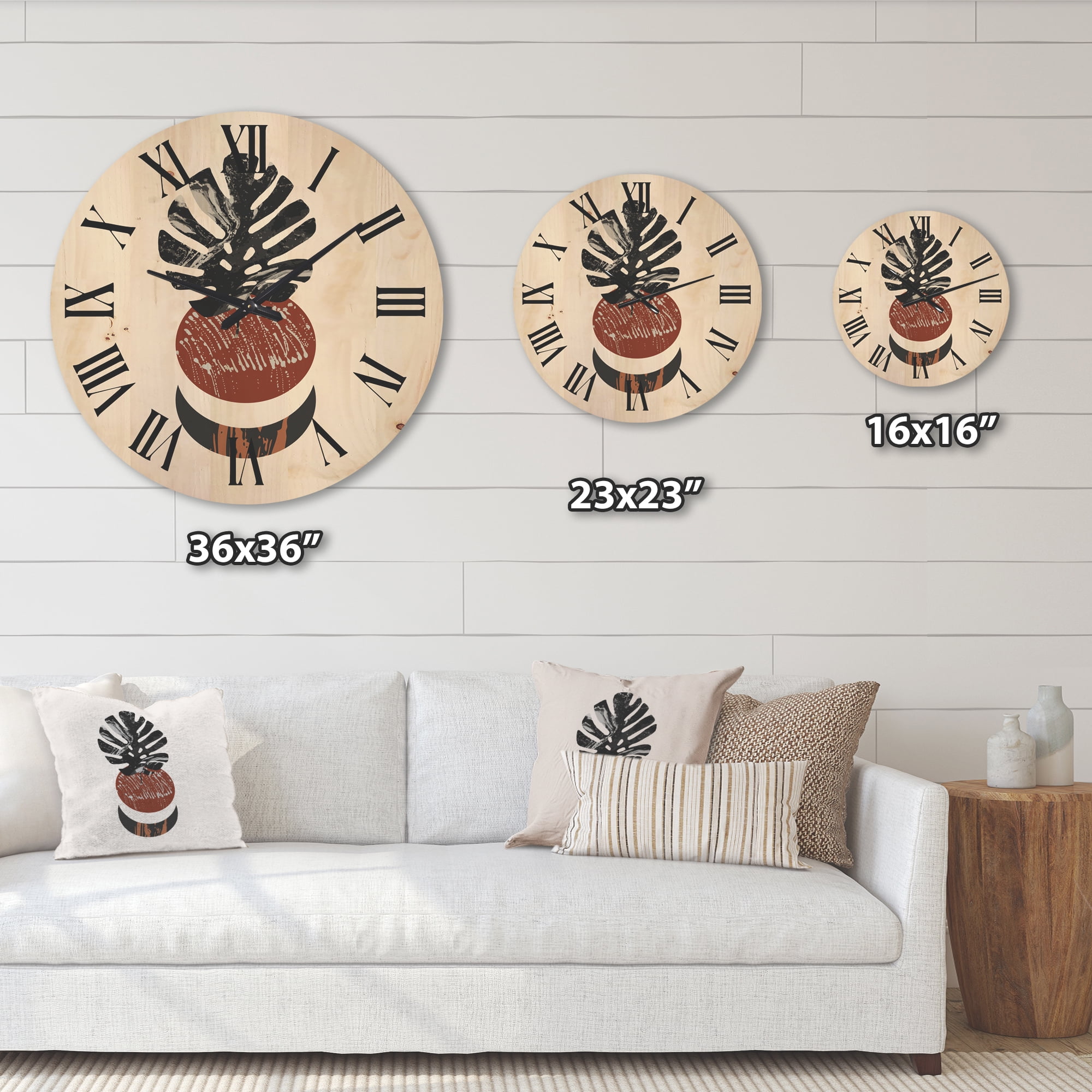 Designart 'Abstact Tropical Palm Leaf, Minimal Sun And Moon II' Modern Wood Wall Clock