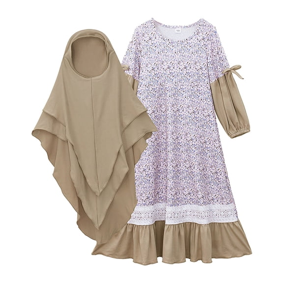 EnJoCho Girls Musli𝗆 Dress Abaya with Hijab 2PC Set Long Sleeve Ramadan Abayas Islami𝖼 Prayer Maxi Dress Arabic Kaftan Khimar Robe