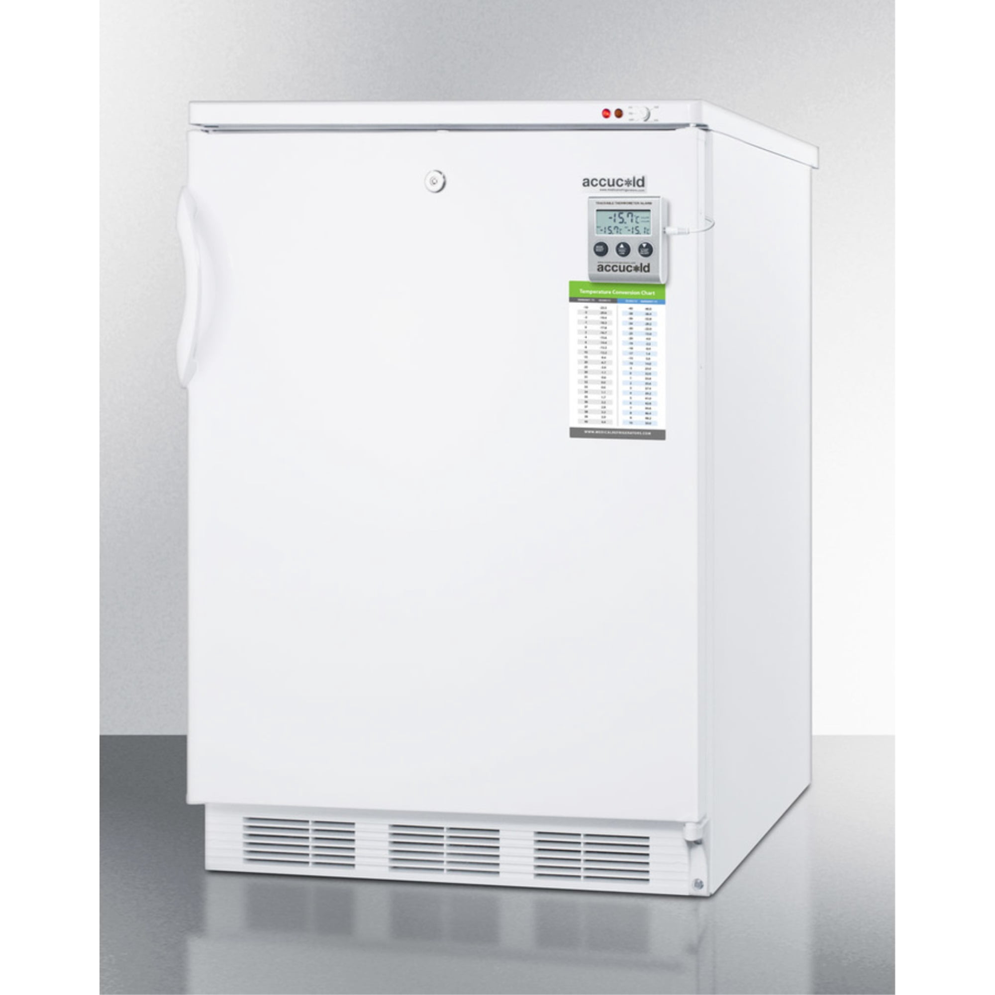 Built-in undercounter freezer capable of -25 C operation; includes audible alarm, lock, and hospital grade plug