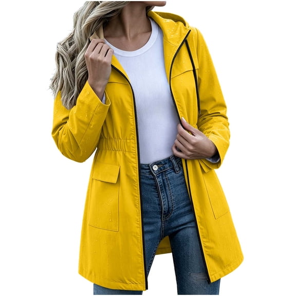 vdgthytj Rain Jacket Women Long Sleeve Full Zip Waterproof Elastic Waist Hooded Jackets Fall Outdoor Hiking Travel Outerwear with Pockets(X-Large,Yellow)