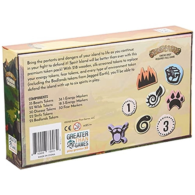 greater than games spirit island: paquete de fichas premium, amarillo greater than games greater than games Paquete de fichas premium multicolor para juego de mesa Spirit Island en vista 3/4 lateral, caja rectangular con iconos de marcadores (huella, espiral, montaña, gota, números) y lista de componentes impresa en el reverso; fondo amarillo-beige.