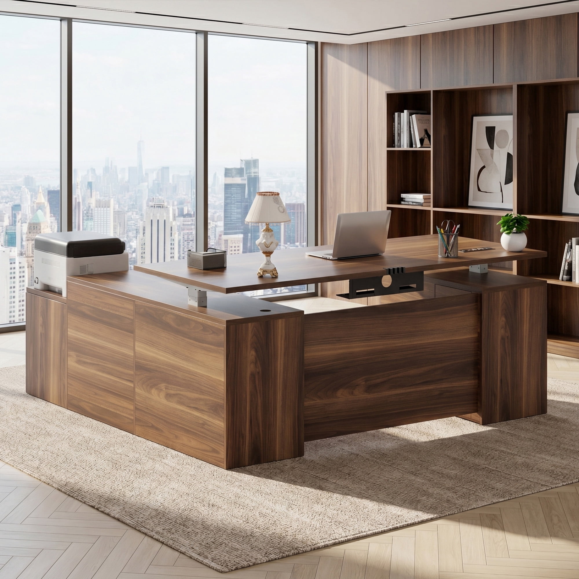 71 L-Shaped Electric Standing Desk Height Adjustable Executive Desk with File Cabinet Drawers Built-in Power Outlets USB Ports Privacy Panel Dark Walnut