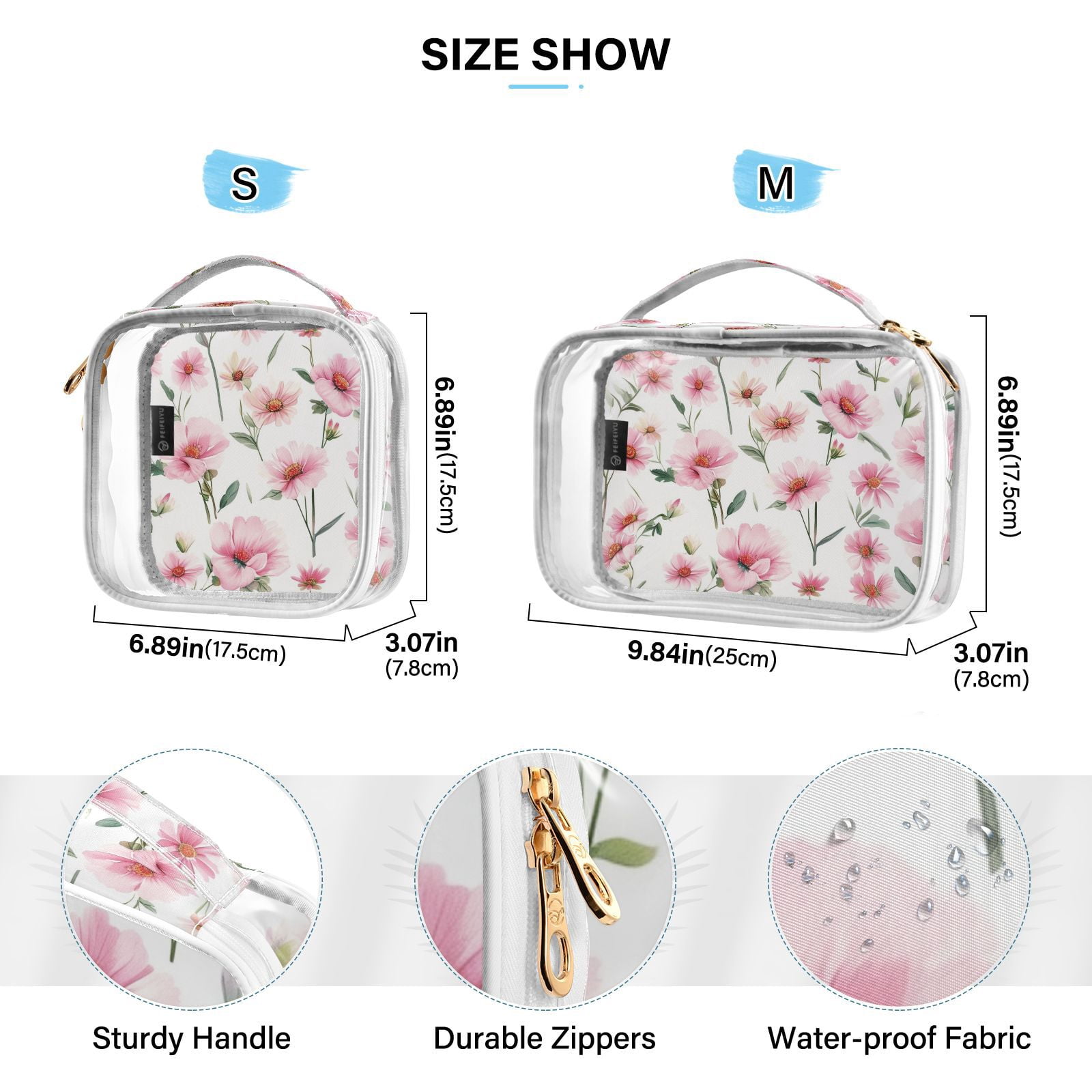 Clear Makeup Bags with Handle Large Opening 2 Pack Set Toiletry Bag Quart Size Bag, for Women Man Traveling Travel Essentials, Toiletries and Other. Pink Daisy