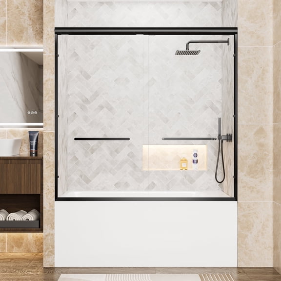 KPUY 56" - 60" x 57" Framed Double Sliding Bath Tub Shower Door with 1/4" Clear Tempered Glass, Explosion-proof Film, Dual Stainless Steel Handles, Matte Black