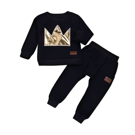 

KIMI BEAR Infant Boys Outfits 18 Months Infant Boy Autumn Outfits 24 Months Infant Boy Cute Solid Casual Crown Print Long Sleeve Top + Pants 2PCs Set Black