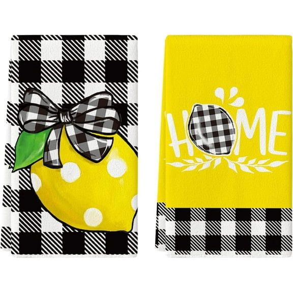 Buffalo Plaid Bow Tie Lemon Home Summer Kitchen Towels Dish Towels, 18x26 Inch Seasonal Spring Decoration Hand Towels Set of 2