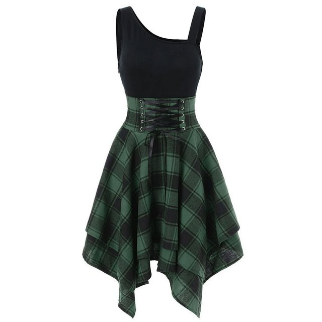 PENGXIANG Mode Femmes Sans Manches Épaule Froide Croix Dentelle jusqu'à Plaid Imprimé Robe Irrégulière