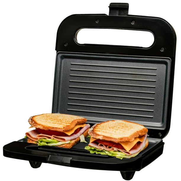 OVENTE - Parrilla eléctrica Panini con placas antiadherentes, luces indicadoras LED, control de termostato, mango de tacto fresco, sandwichera compacta perfecta para cocinar desayuno, aperitivos y más