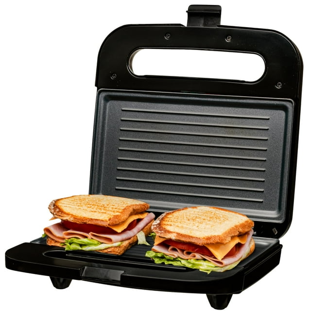 OVENTE - Parrilla eléctrica Panini con placas antiadherentes, luces indicadoras LED, control de termostato, mango de tacto fresco, sandwichera compacta perfecta para cocinar desayuno, aperitivos y más