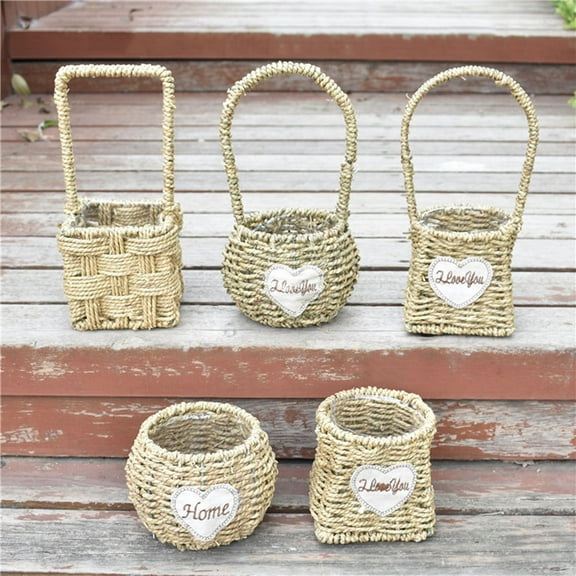 Soimiss Round Wicker Flower Basket Pastoral Style Portable Willow Basket for Flower Pots