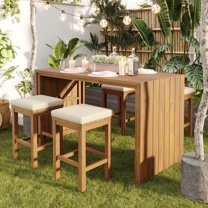 DreamBuck 5 Piece Outdoor Bar Set, Patio Acacia Wood Bar Height Table & Four Stools with Cushions, Wood Dining Bar Set for Backyard, Poolside, Balcony, Beige