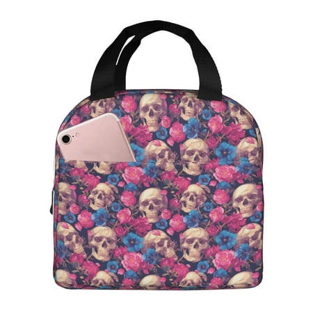 Insulated Lunch Bag for Women Men - Skull rose blue flower Leakproof Cooler Lunch Box for Women Men  Lunch Tote Bags for Work School Picnic Travel