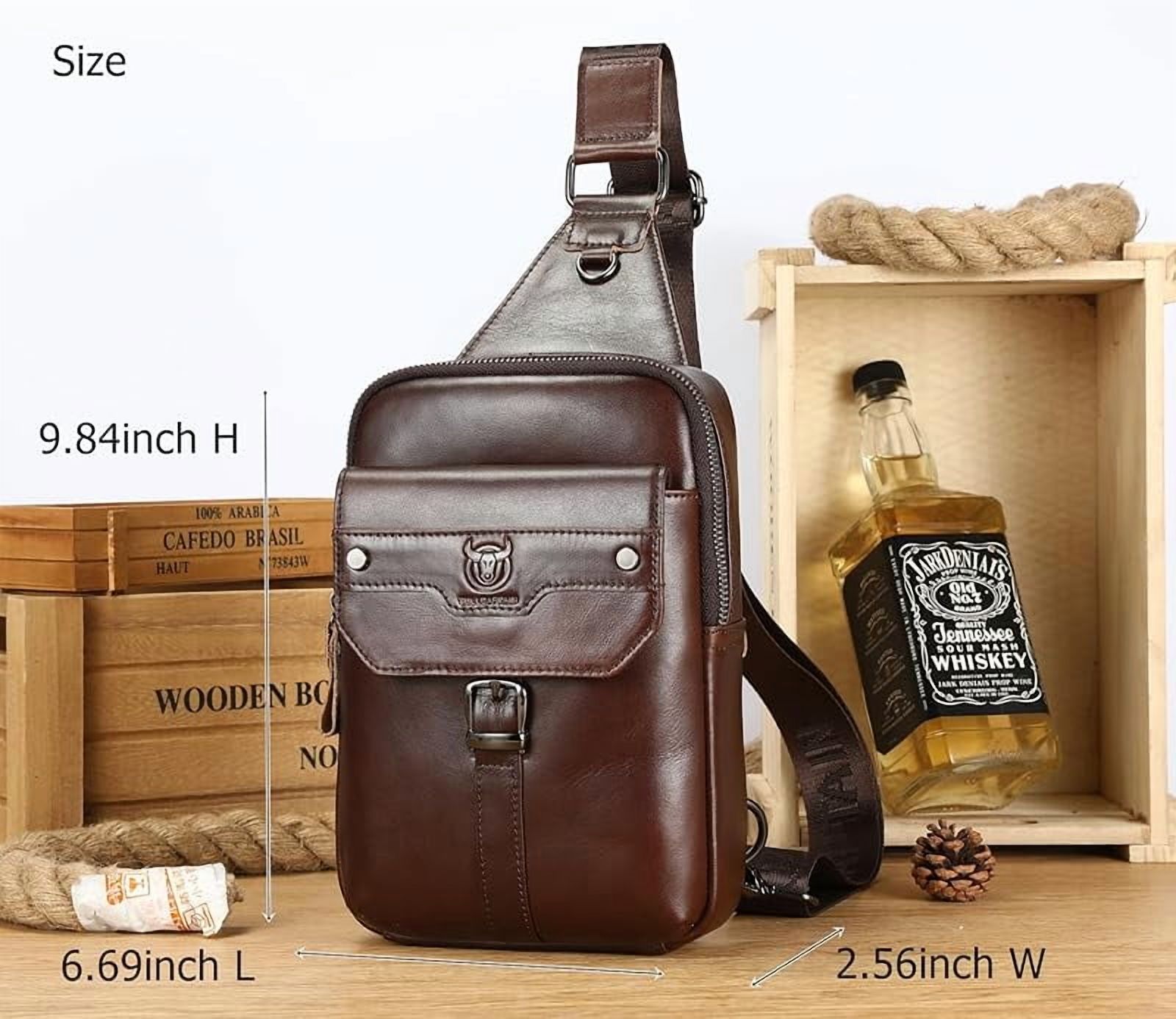 BULLCAPTAIN Men's Leather Samll Crossbody Backpack Sling Chest Bag for Hiking Travel