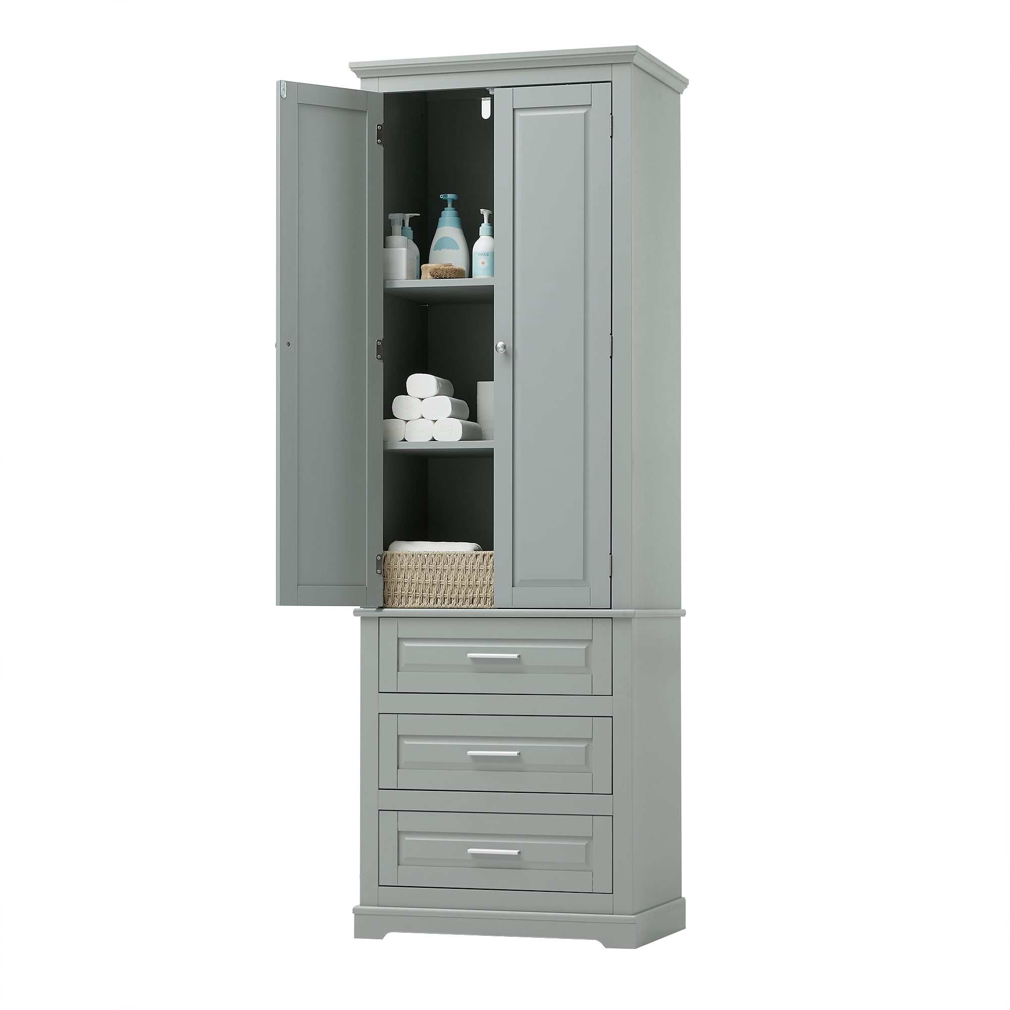 Harper & Bright Designs Tall Bathroom Storage Cabinet with Drawers and Doors, Modern Bathroom Floor Storage Cabinet with Shelf, Gray